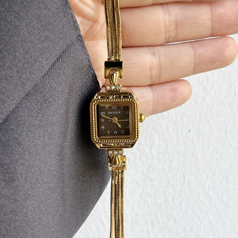 MoHer Watch Brown Square Small Face Slim Chain Bracelet Watch for Women