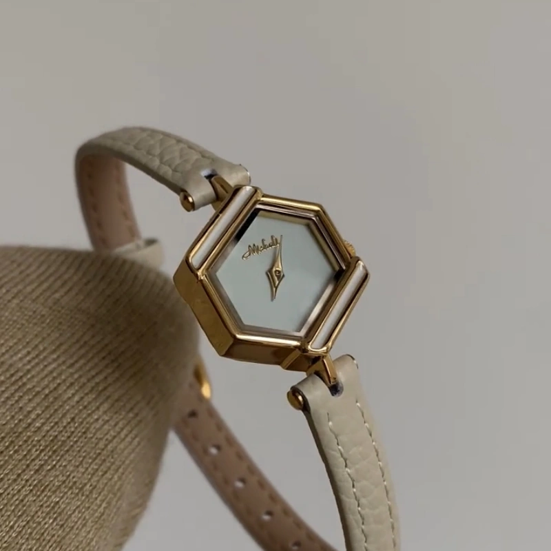 Minimalist Gold Hexagon Face Leather Strap Watch for Women