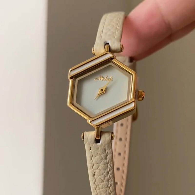 Minimalist Gold Hexagon Face Leather Strap Watch for Women