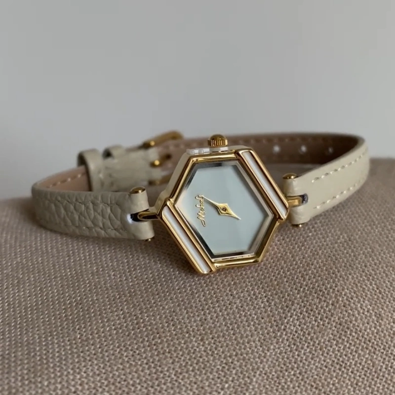 Minimalist Gold Hexagon Face Leather Strap Watch for Women