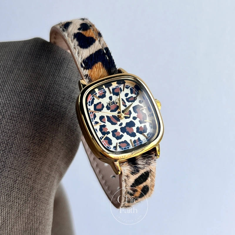 Retro Leopard Print Square Gold Leather Strap Watch for Women