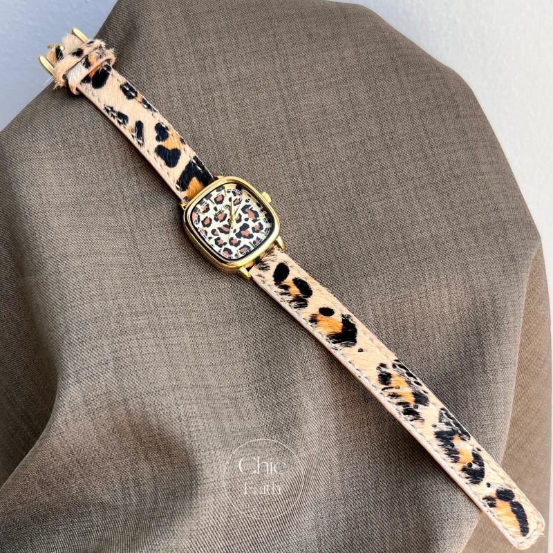Retro Leopard Print Square Gold Leather Strap Watch for Women