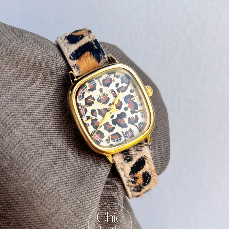 Retro Leopard Print Square Gold Leather Strap Watch for Women