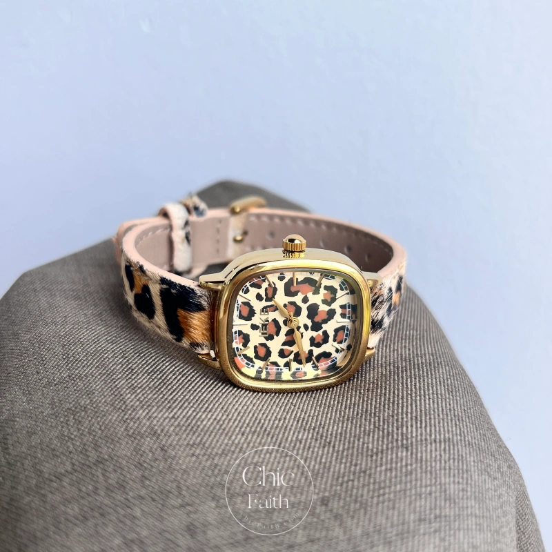 Retro Leopard Print Square Gold Leather Strap Watch for Women