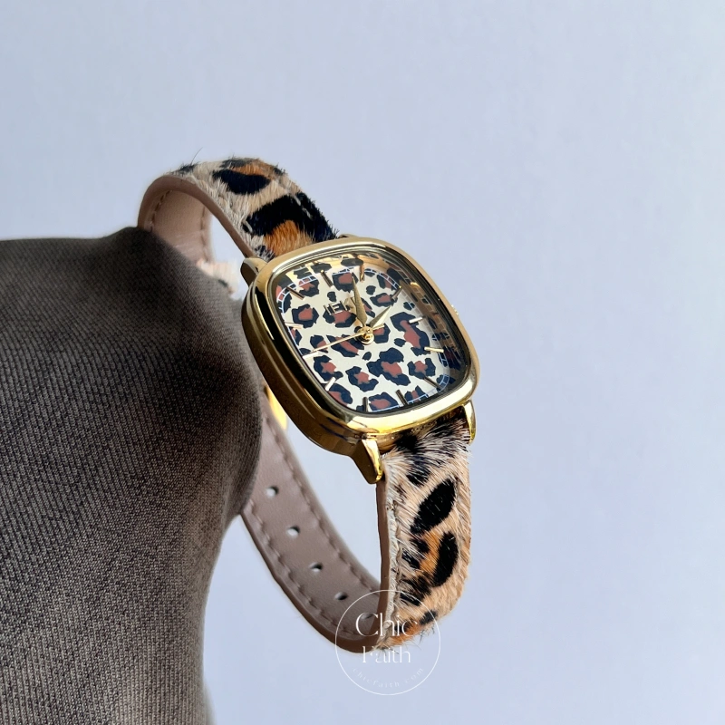 Retro Leopard Print Square Gold Leather Strap Watch for Women