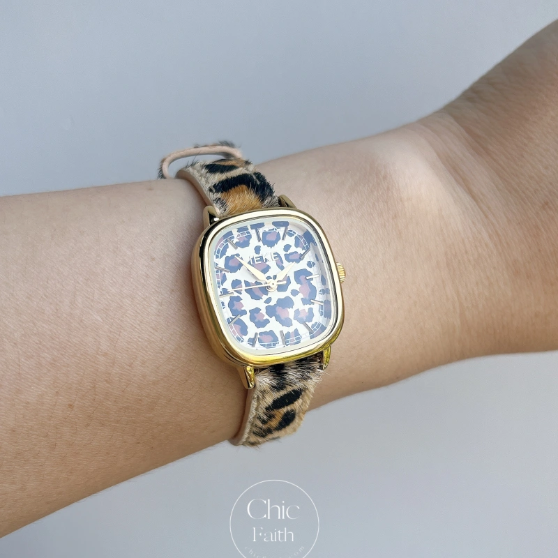 Retro Leopard Print Square Gold Leather Strap Watch for Women