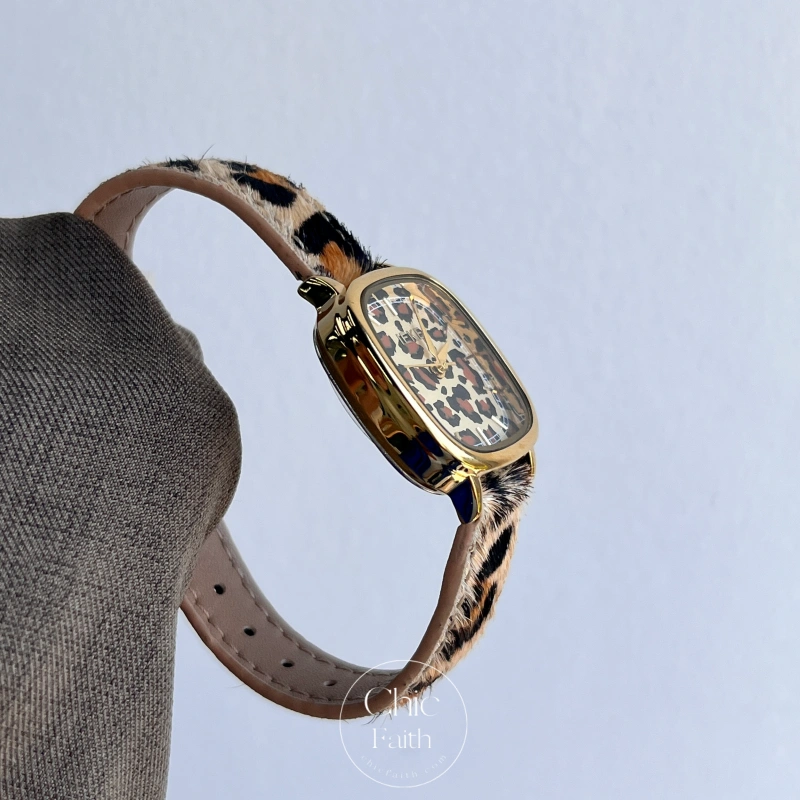 Retro Leopard Print Square Gold Leather Strap Watch for Women