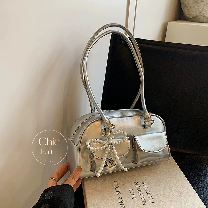 Chic Red/Black/White/Silver Women's Leather Shoulder Bag