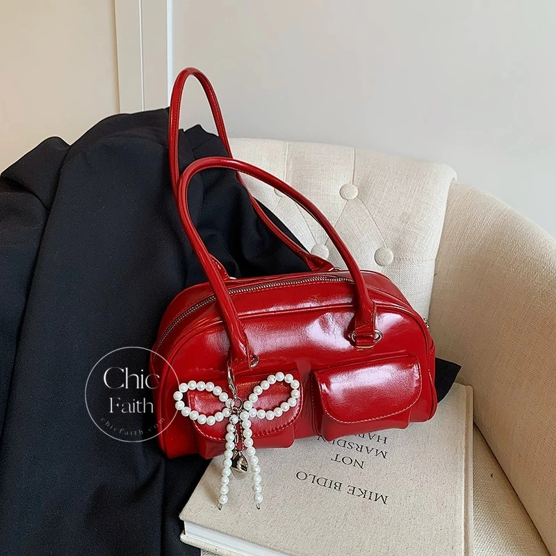 Chic Red/Black/White/Silver Women's Leather Shoulder Bag