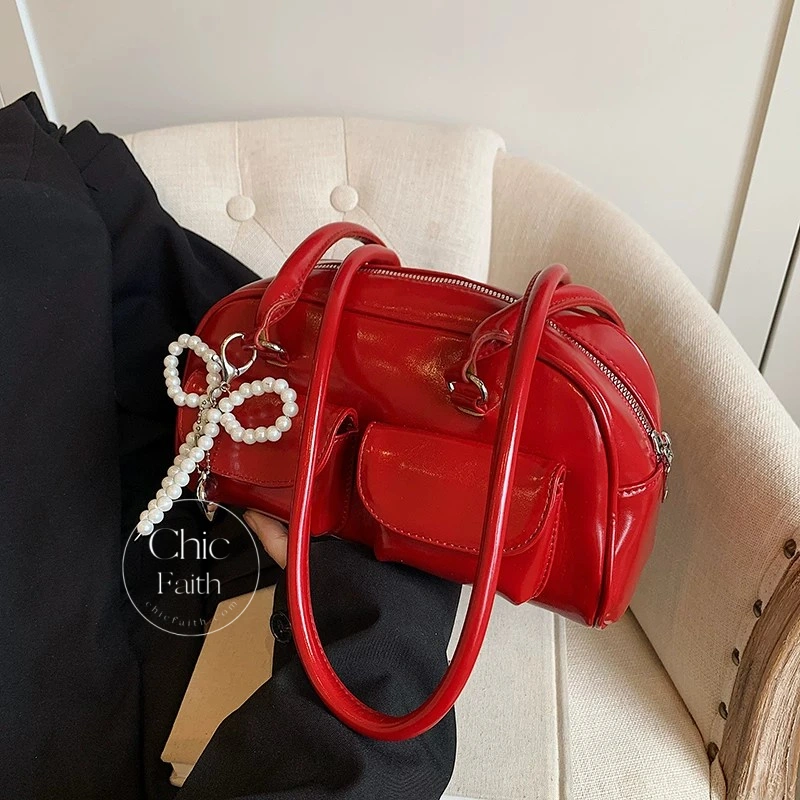 Chic Red/Black/White/Silver Women's Leather Shoulder Bag