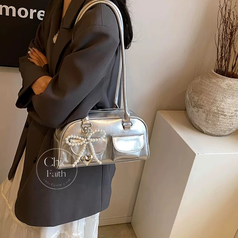 Chic Red/Black/White/Silver Women's Leather Shoulder Bag