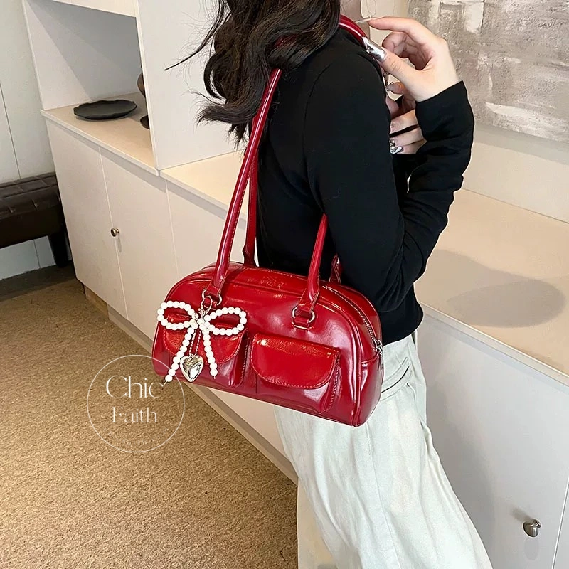 Chic Red/Black/White/Silver Women's Leather Shoulder Bag