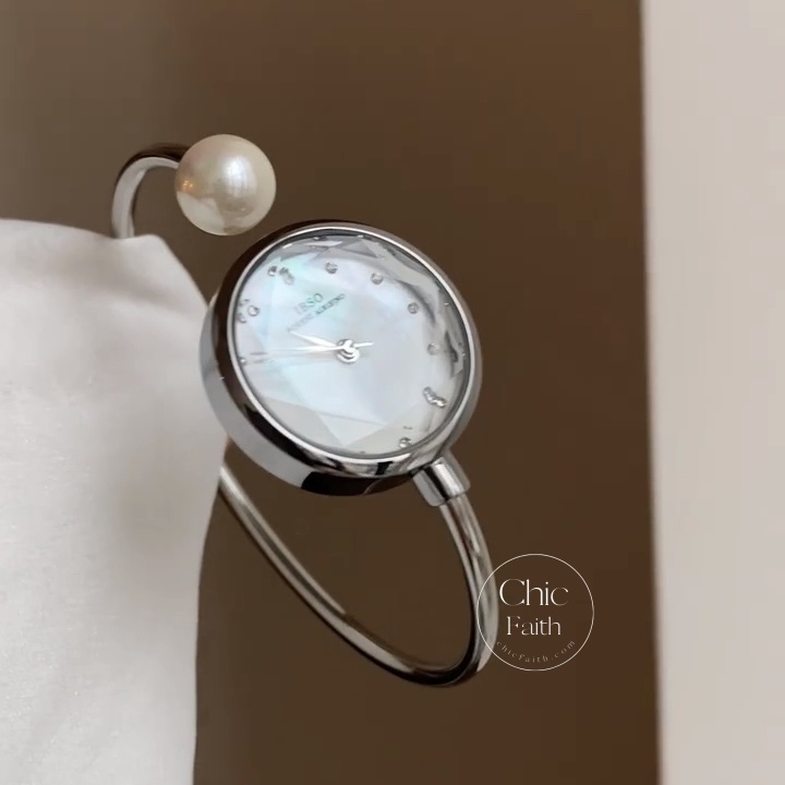 Elegant Blue Mother of Pearl Dial Watch Round Face Silver Ladies Bangle Watch