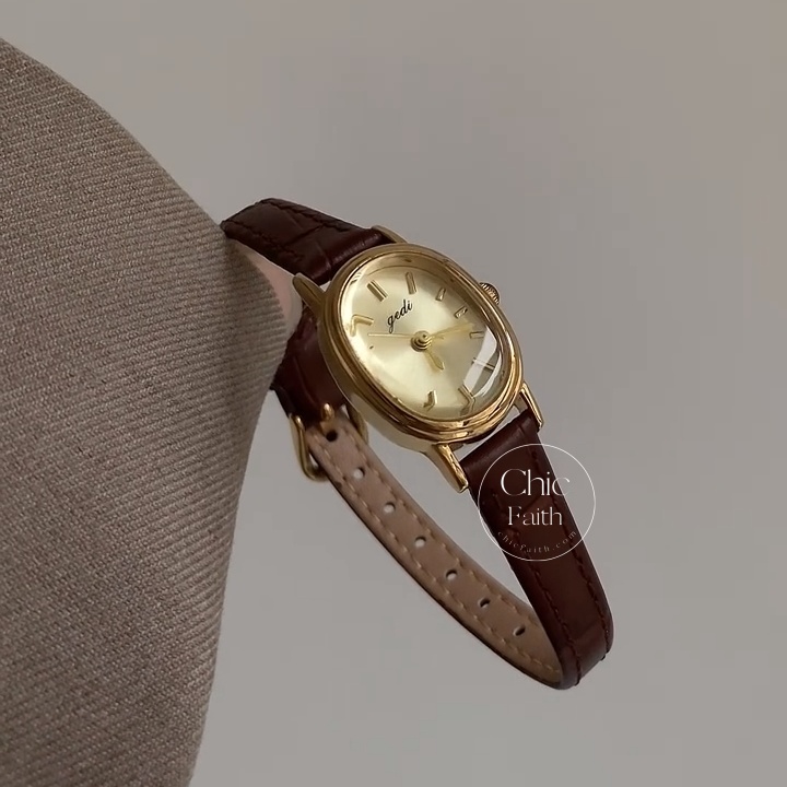 Vintage Leather Women's Watch Elegant Gold Small Round Dial Watch