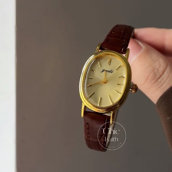Vintage Leather Women's Watch Elegant Gold Small Round Dial Watch