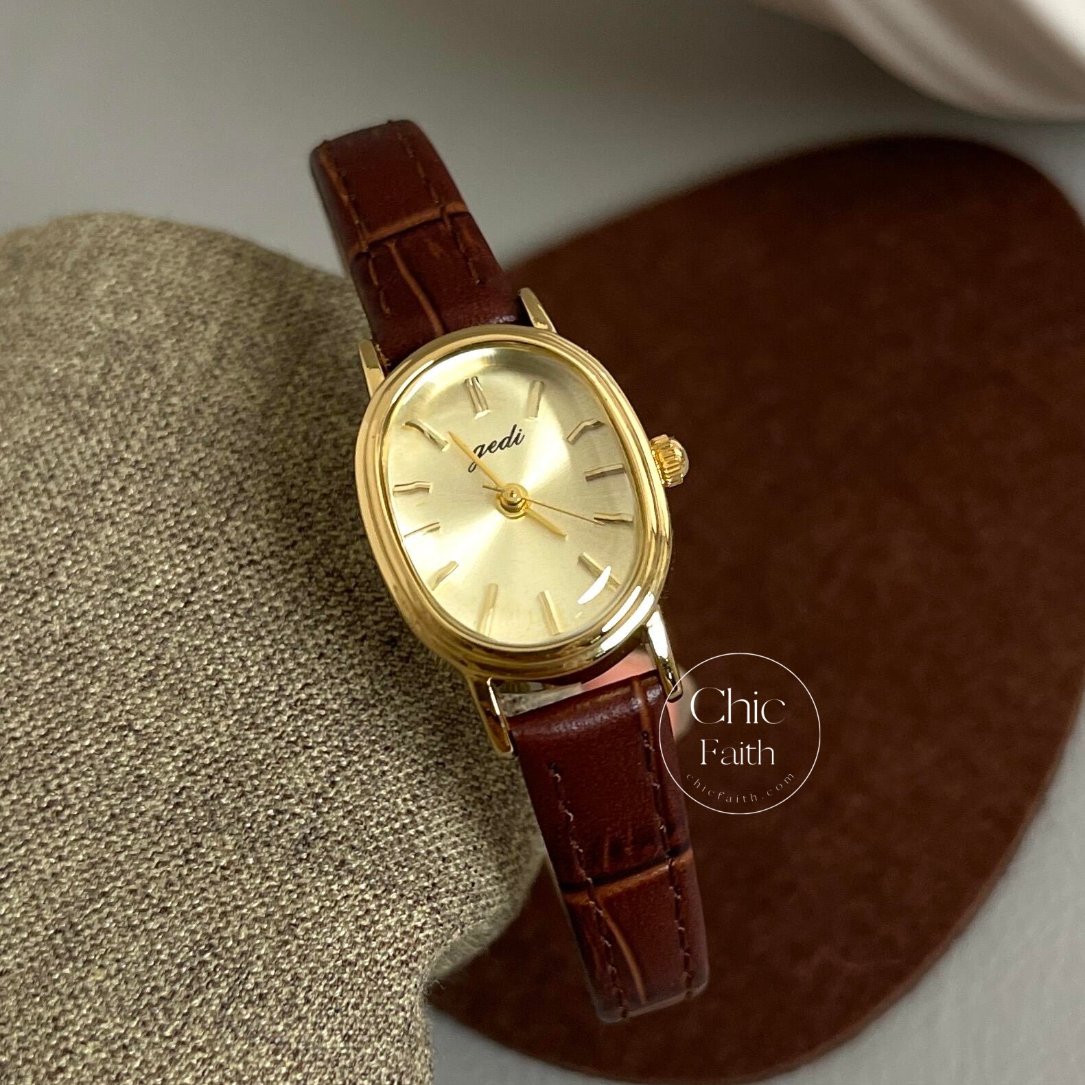 Vintage Leather Women's Watch Elegant Gold Small Round Dial Watch