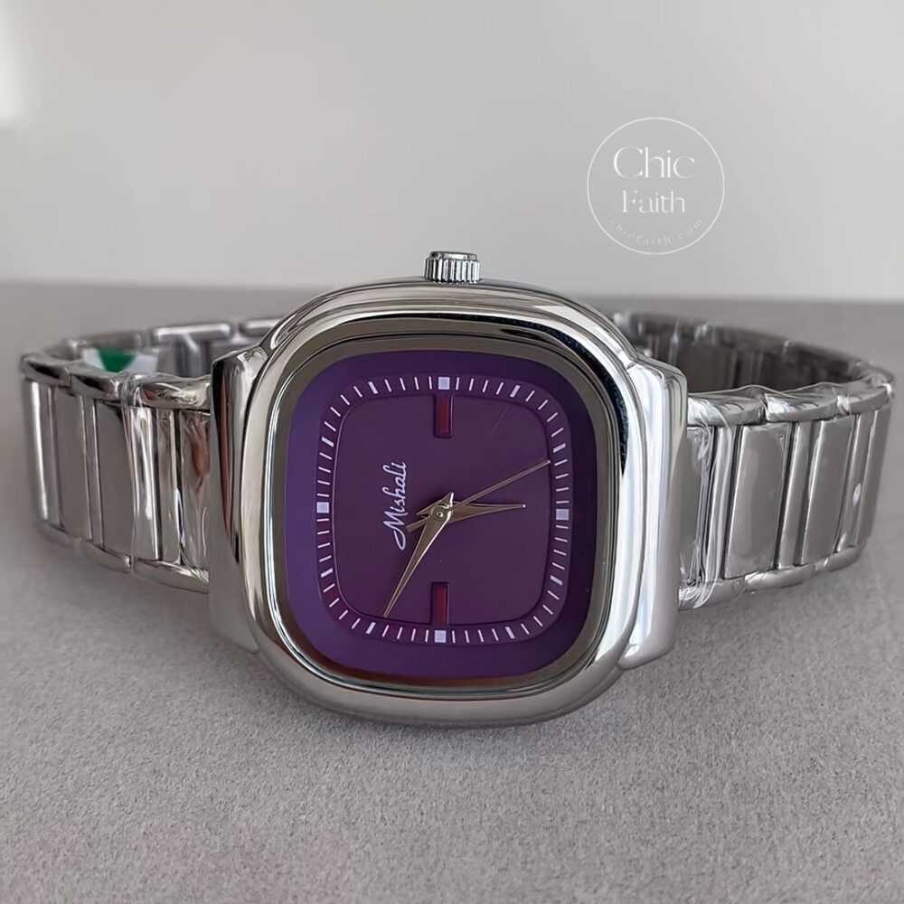Minimalist Big Square Purple/Green Dial Silver Bracelet Watch