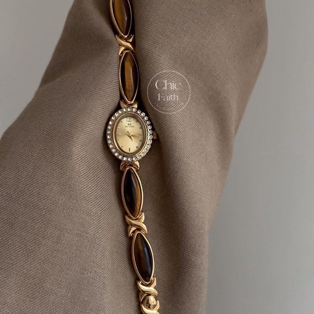 Vintage- Inspired Oval Face Natural Tiger's Eye Women's Watch