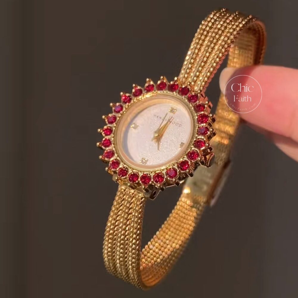 Vintage-Inspired Round Face Red Crystal Gold Women’s Watch