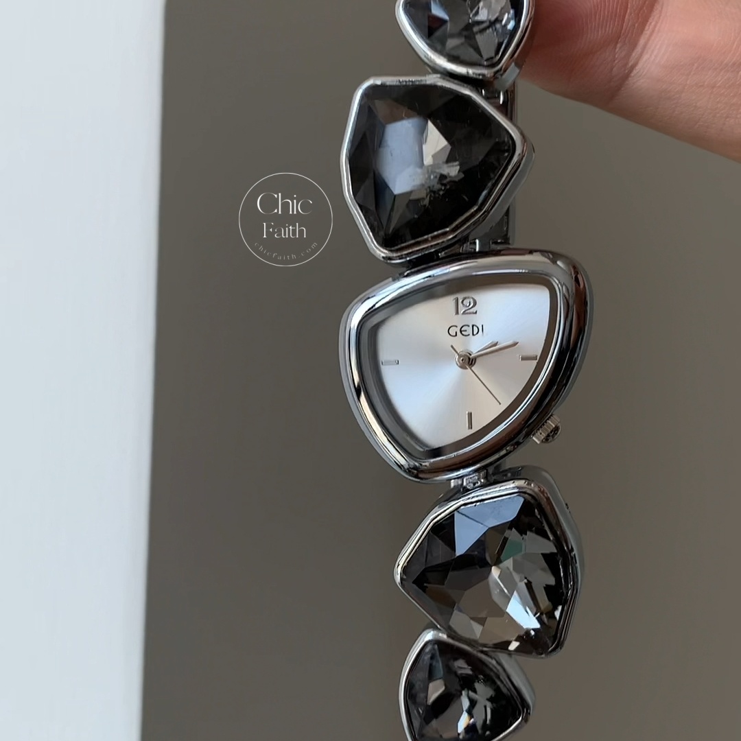 Unique Irregular Black/White Crystal Silver Bracelet Watch