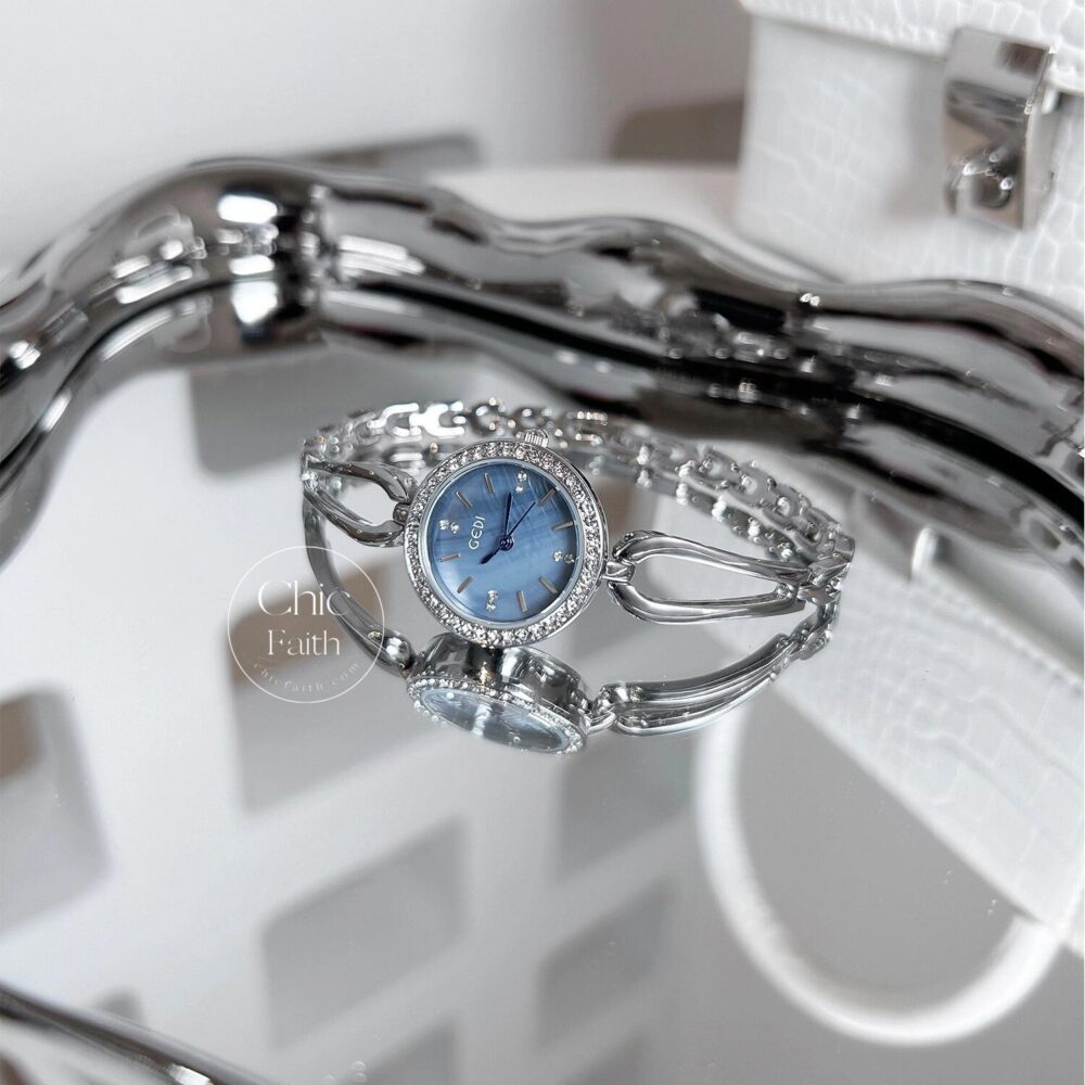 Blue Dial Silver Bangle Bracelet Round Ladies Watch
