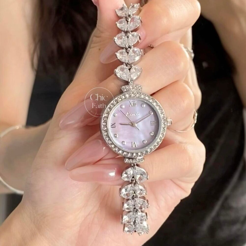 Luxury Round Face Pink/White Mother-of-Pearl Dial Shiny Crystal Bracelet Watch