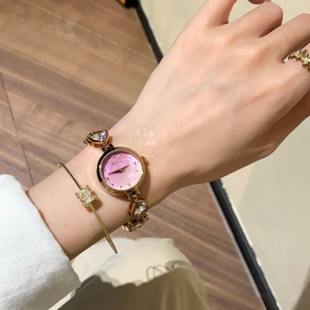 Luxury Round Face White/Blue/Pink/Gold Mother-of-Pearl Dial Crystal Bracelet Watch