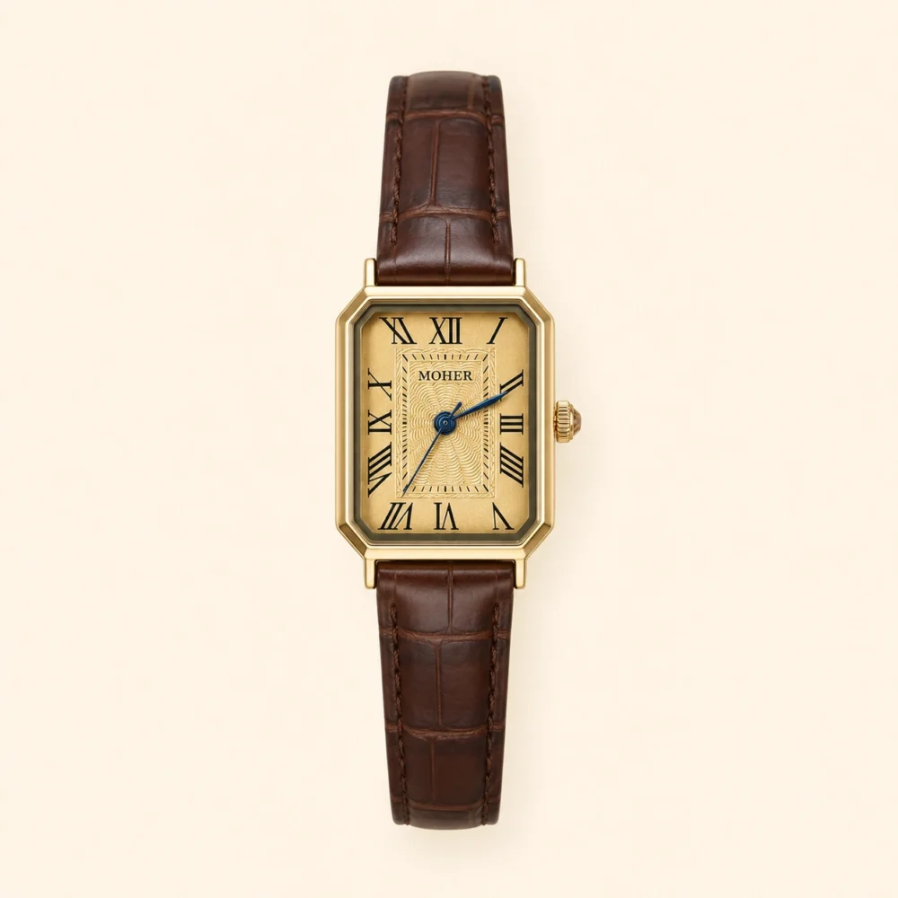 ChicFaith Gold Rectangle Face Brown Leather Band Watch for Women