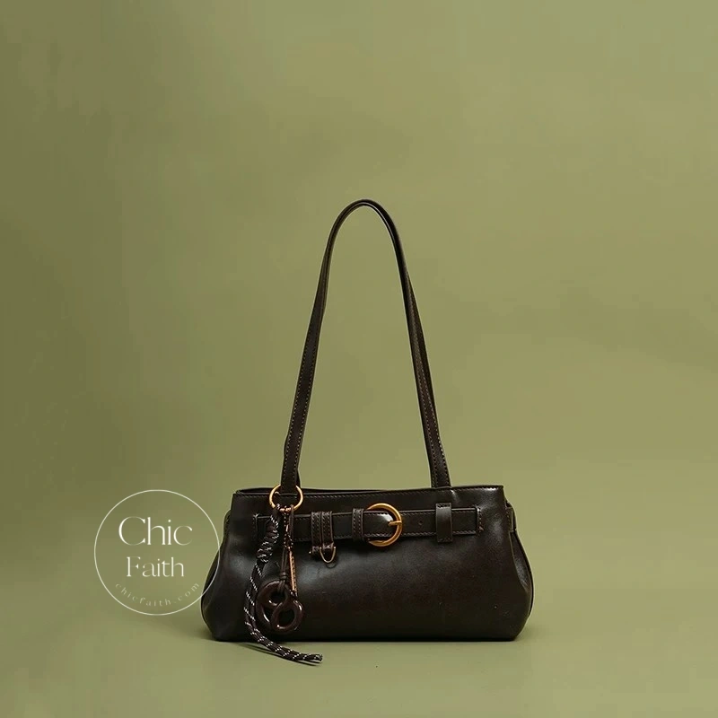 Chic Brown/Mocha/White/Black Belt Buckle Women's Leather Shoulder Bag