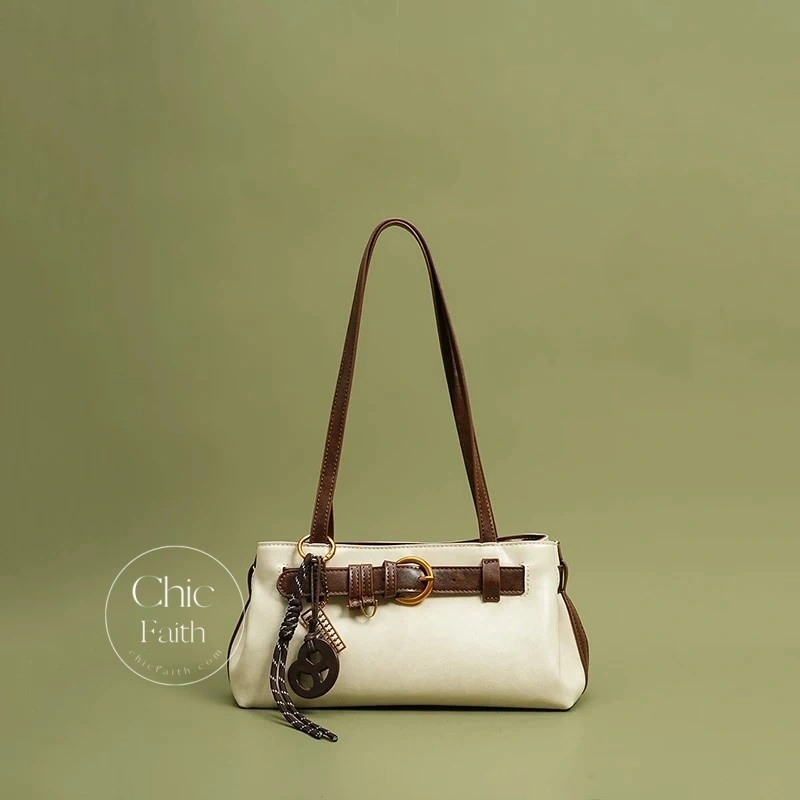 Chic Brown/Mocha/White/Black Belt Buckle Women's Leather Shoulder Bag