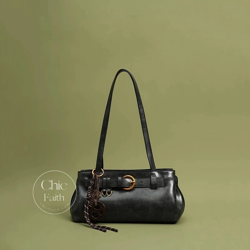 Chic Brown/Mocha/White/Black Belt Buckle Women's Leather Shoulder Bag