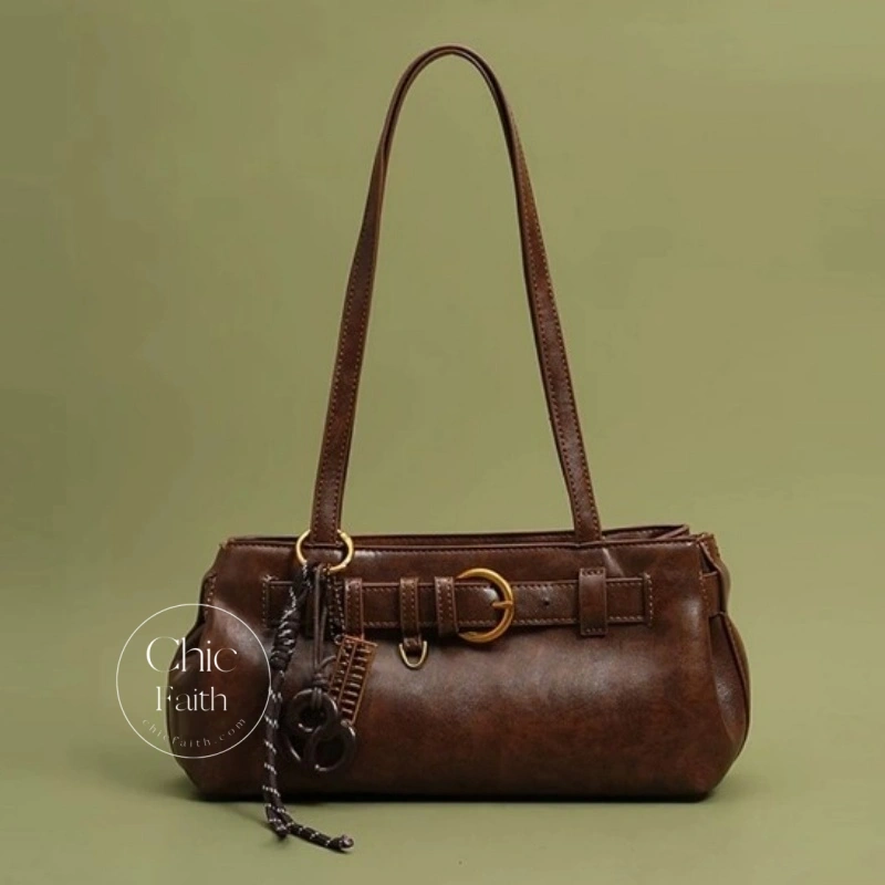 Chic Brown/Mocha/White/Black Belt Buckle Women's Leather Shoulder Bag