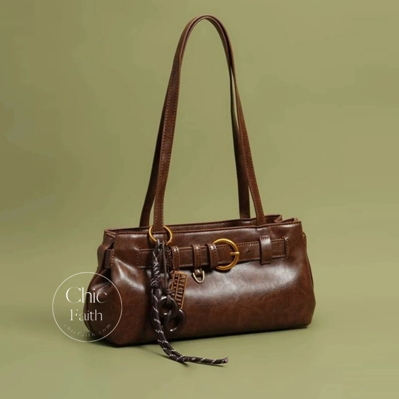 Chic Brown/Mocha/White/Black Belt Buckle Women's Leather Shoulder Bag