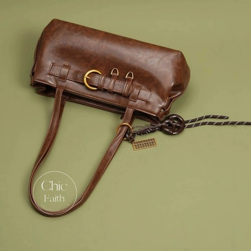 Chic Brown/Mocha/White/Black Belt Buckle Women's Leather Shoulder Bag