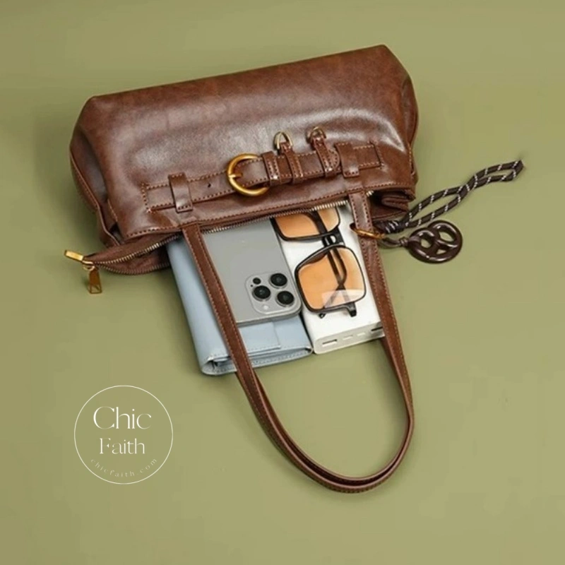 Chic Brown/Mocha/White/Black Belt Buckle Women's Leather Shoulder Bag