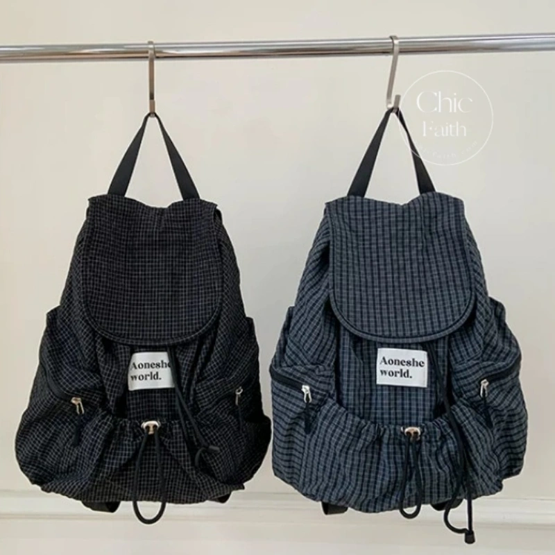Retro Blue/ Black Plaid Drawstring Women's Backpack