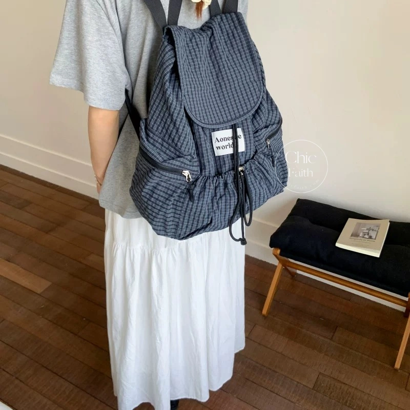 Retro Blue/ Black Plaid Drawstring Women's Backpack