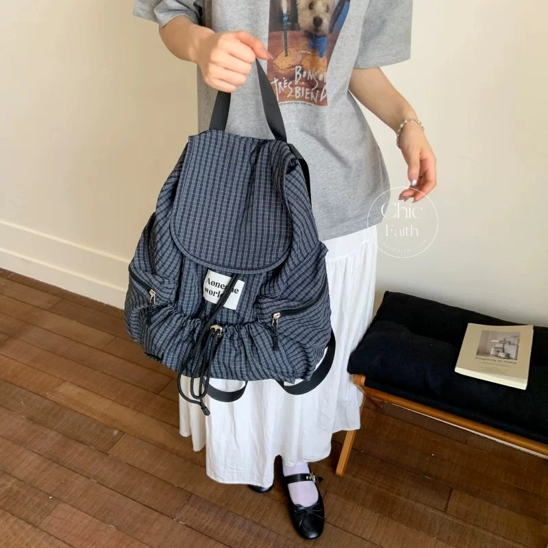 Retro Blue/ Black Plaid Drawstring Women's Backpack