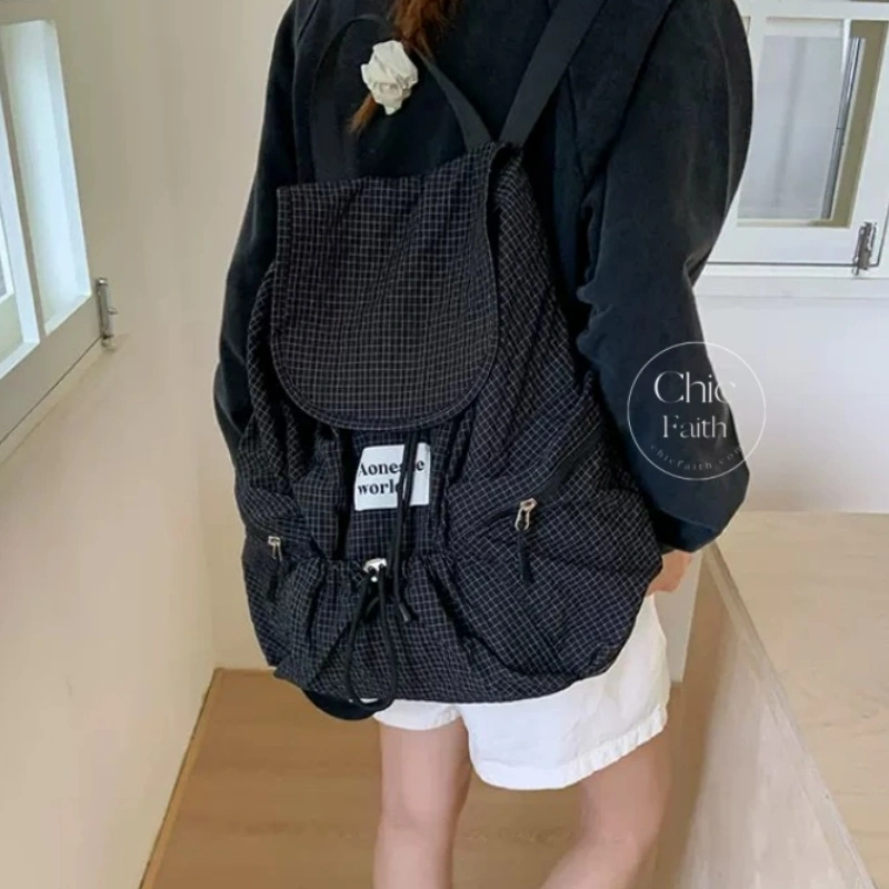 Retro Blue/ Black Plaid Drawstring Women's Backpack