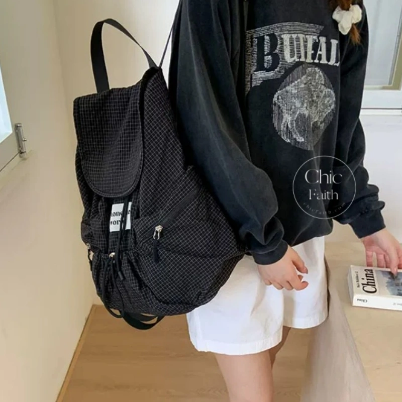 Retro Blue/ Black Plaid Drawstring Women's Backpack