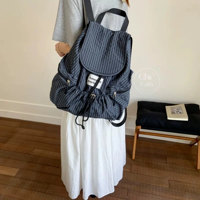 Retro Blue/ Black Plaid Drawstring Women's Backpack