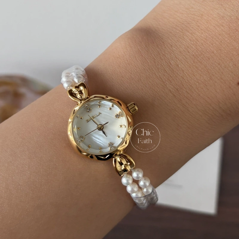 Luxury Gold Round Freshwater Pearl Bracelet Ladies Watch