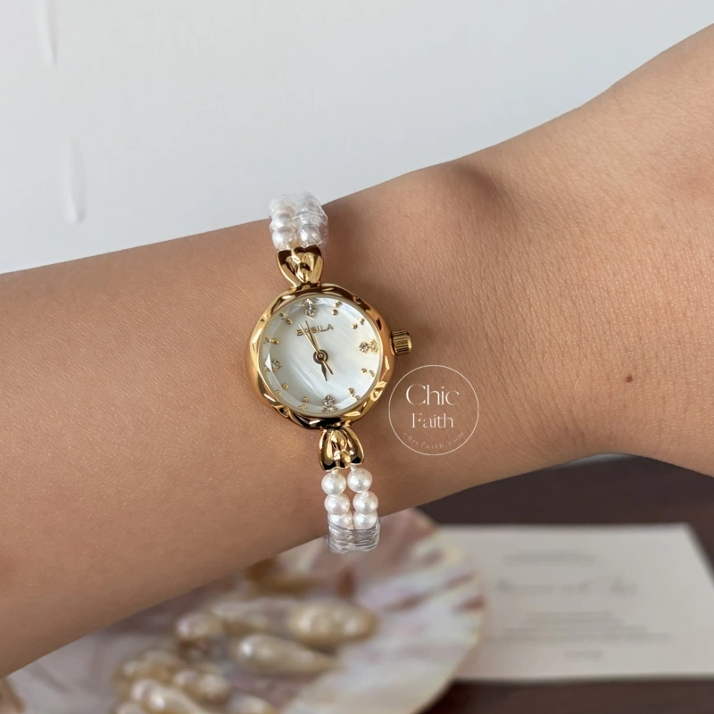 Luxury Gold Round Freshwater Pearl Bracelet Ladies Watch