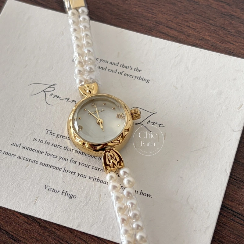 Luxury Gold Round Freshwater Pearl Bracelet Ladies Watch
