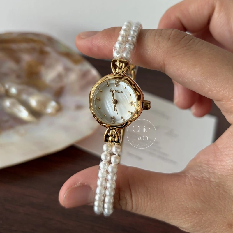 Luxury Gold Round Freshwater Pearl Bracelet Ladies Watch