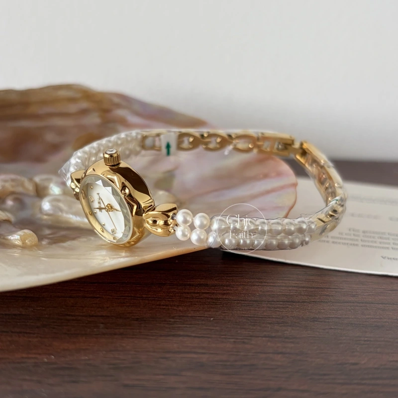 Luxury Gold Round Freshwater Pearl Bracelet Ladies Watch