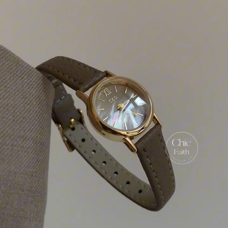 Vintage-Inspired Gold Round Mother-of-Pearl Dial Slim Leather Strap Women's Watch