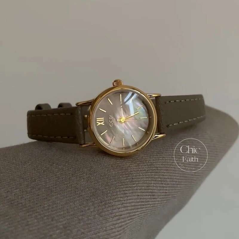 Vintage-Inspired Gold Round Mother-of-Pearl Dial Slim Leather Strap Women's Watch