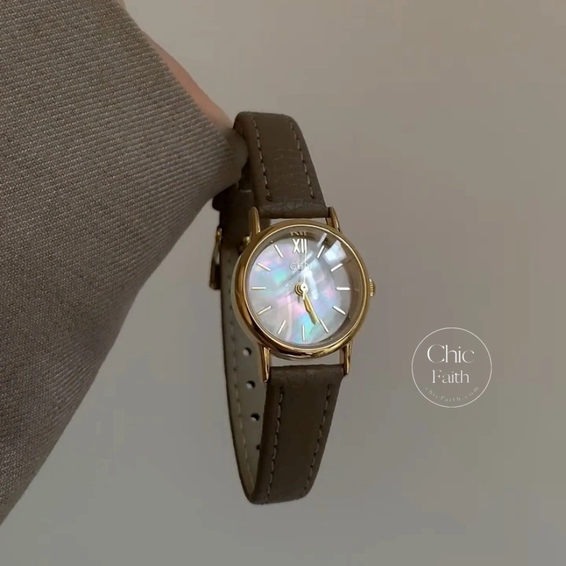 Vintage-Inspired Gold Round Mother-of-Pearl Dial Slim Leather Strap Women's Watch