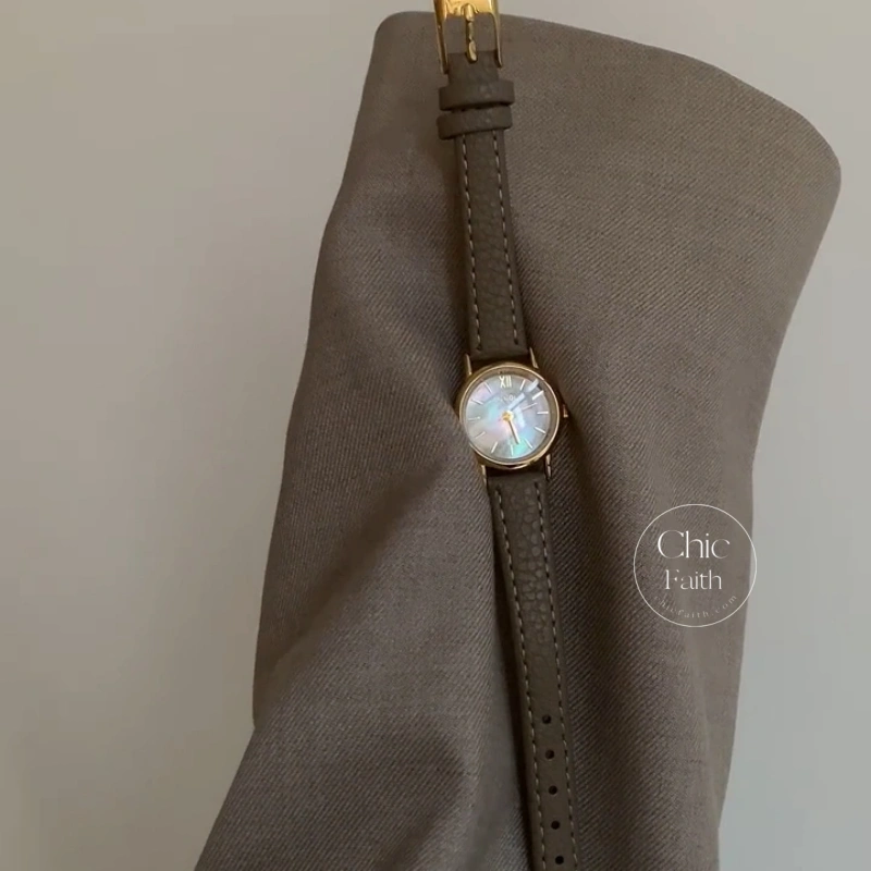 Vintage-Inspired Gold Round Mother-of-Pearl Dial Slim Leather Strap Women's Watch